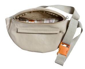 empty grey waist bag with orange clasp isolated