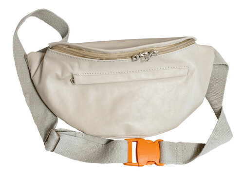 closed grey waist bag with orange clasp isolated