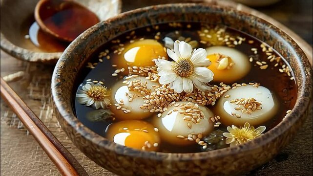 Sweet, round dumplings in a dark brown bowl, topped with sesame seeds and a flower