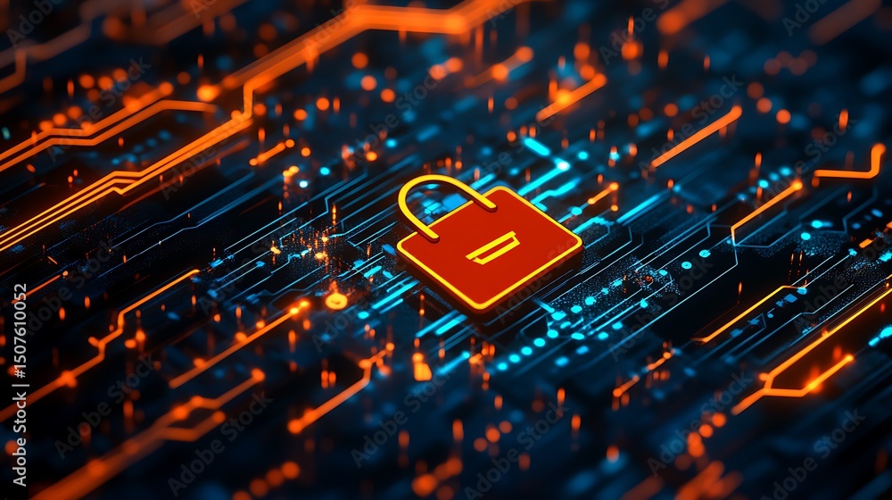 Poster digital security lock icon on a circuit board.