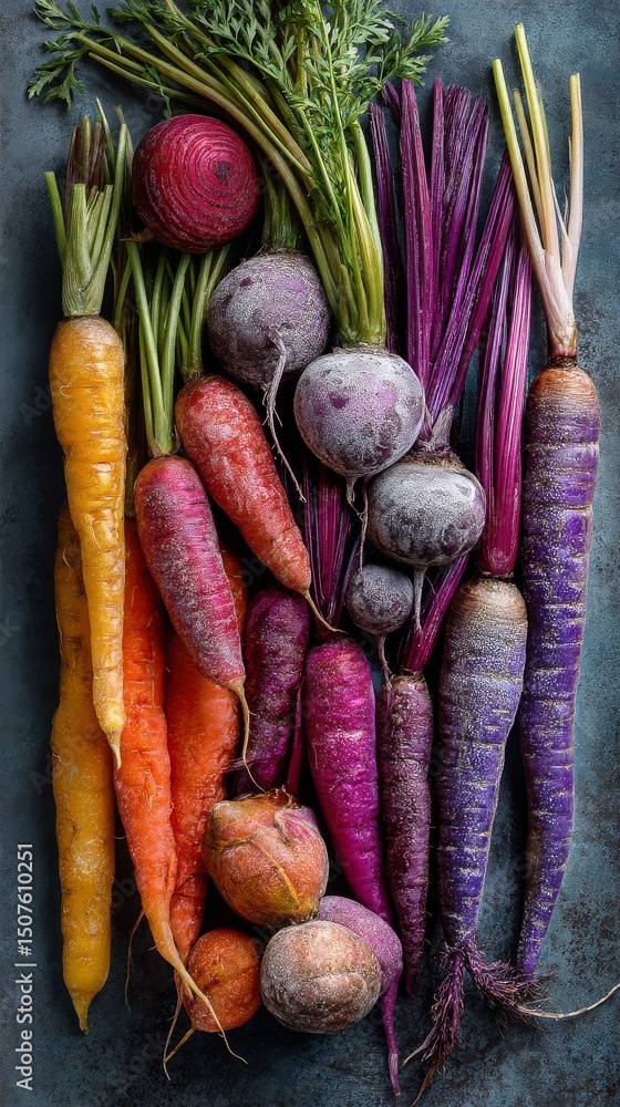 Poster fresh assorted root vegetables arranged on a textured background in vibrant colors