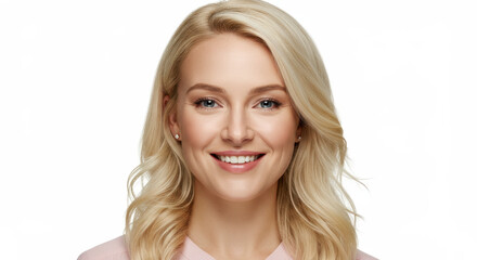 Naklejka premium Portrait Of A Smiling Young Woman With Blonde Hair And Pink Outfit In A White Background Studio Shot