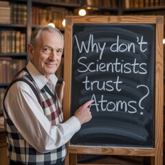 Elderly Professor's Quirky and Funny Question on Atoms in a Library Chalkboard Presentation for Educational Engagement