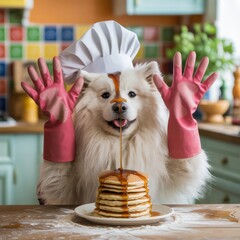 Adorable Samoyed Dog Chef Whimsical Cooking Pancakes: Funny Pet Kitchen with Cute Family Meal Presentation