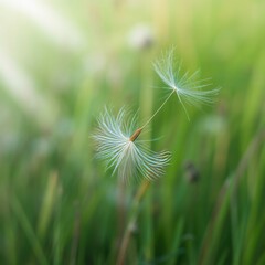Delicate Dandelion Seeds: Close-Up Macro Capture of Nature's Fragile Beauty and Youthful Harmony in a Tranquil, Green Environment