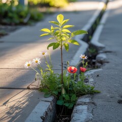 Resilient Flowers Growing Between Sidewalk Cracks: Urban Greenery and Nature's Resilience in Vibrant Urban Landscapes