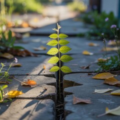 Resilient Green Leaf Thriving Through Sidewalk Crack in Urban Pathways: A Study of Nature's Growth, Sustainability, and Biodiversity in Summer's Sunlight