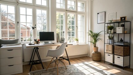 Sunlit Home Office with Minimalist Decor and Large Windows