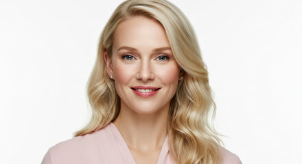 Portrait Of Smiling Blonde Woman With Blue Eyes On White Background