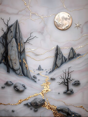 Marbleous Wonder - Surreal 3D Landscape Where Striking Golden Mountains Meet An Ethereal Moon, Evoking Stunning Otherworldly, Unique Artistry.