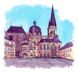 Obraz premium Architecture sketch illustration of Aachener Dom. An urban colorful landscape of Aachen Cathedral, Germany. Freehand digital drawing, watercolor. Hand drawn travel postcard. Banner, poster.