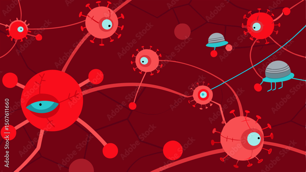 Poster navigation through blood vessels a side view of nanobots flying through a complex network of red ves