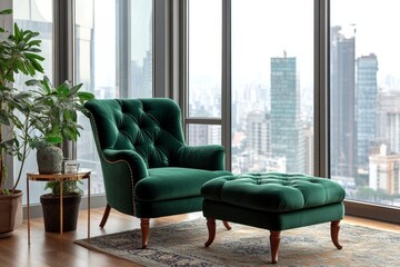 Elegant green armchair and ottoman in modern apartment with cityscape view