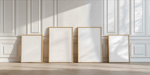 Aesthetic Etsy shop banner with a lineup of wooden framed vertical art prints placed on the floor against a white paneled wall Bright natural daylight castin