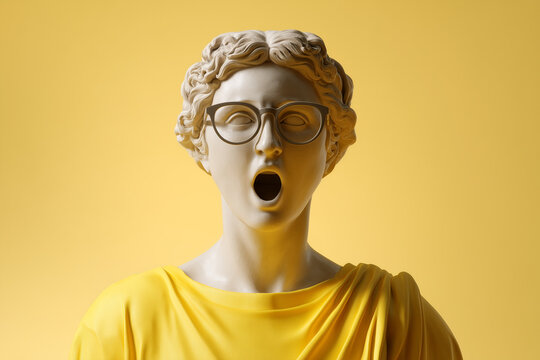 Screaming and surprised statue of a Greek goddess wearing glasses and a yellow t-shirt on a pink background.