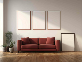 A modern minimalist living room viewed from the side The space features a clean neutral wall with three large identical blank poster frames mounted side by s