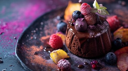 Delicious chocolate cake topped with fresh berries and drizzle