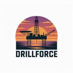 Oil Rig Logo: Modern Offshore Drilling Illustration with Sunset Silhouette and Corporate Branding Elements
