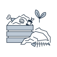 Organic waste icon. Box with a pile of compost, food garbage, and agricultural trash. Vector line pictogram isolated on a white background.