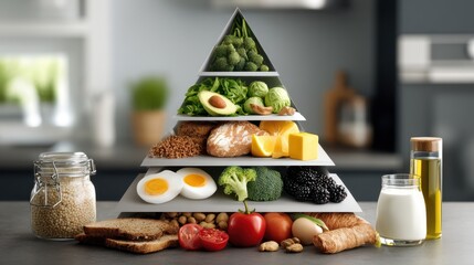 Infographic Food Chain Pyramid Representation with Healthy Ingredients in Kitchen Setting