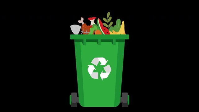 Animated Green bin filled with leftover food and compostable materials. Ideal for composting tutorials and sustainable agriculture visuals. Transparent background