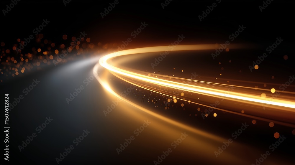 Aufkleber glowing curved light trail flows across a dark surface with golden sparkles, symbolizing motion, dir