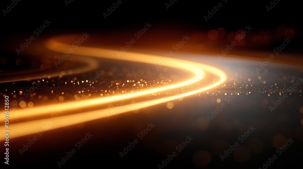 Aufkleber glowing curved light trail flows across a dark surface with golden sparkles, symbolizing motion, dir