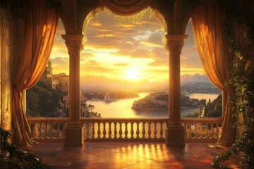 Majestic sunset view through elegant balcony curtains over scenic lake and mountains