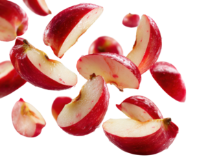 Dynamic apple slices falling against food freshness concept isolated on transparent background