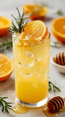 Refreshing Citrus Drink With Orange Slices and Rosemary on a Sunny Table