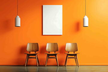 A small blank white canvas hanging on a vivid orange wall viewed from the front midcentury modern interior decor with stylish wooden midcentury chairs placed