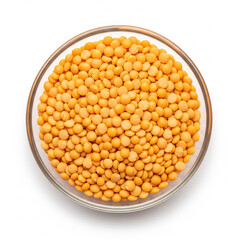 Close-up of whole toor dal (pigeon peas) in a borosilicate bowl, scattered texture, top-view, white background