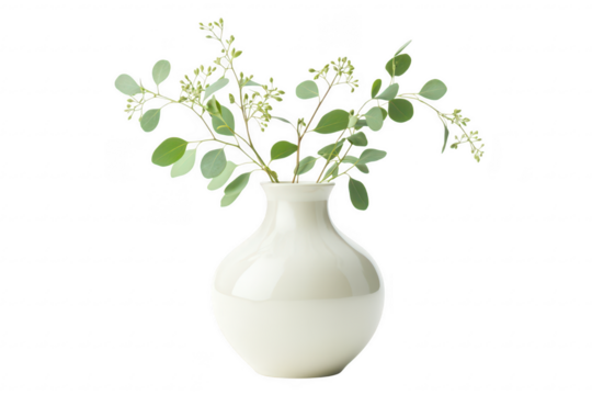 Elegant off white vase with eucalyptus sprigs isolated on transparent background