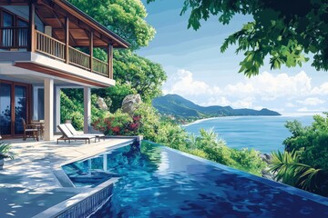 Luxurious tropical villa with infinity pool overlooking ocean and lush green landscape