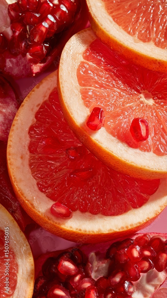 Poster fresh slices of grapefruit and pomegranate seeds arranged in vibrant display