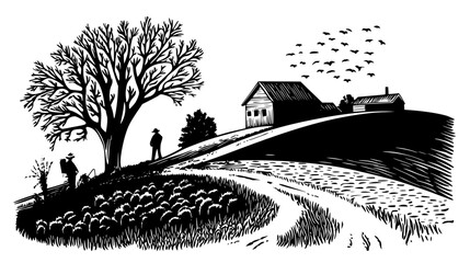 Farm gleaning after harvest season, vector illustration