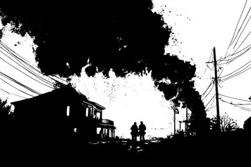 Firefighters battling massive blaze, vector illustration art