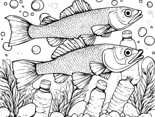 Fish swimming through plastic bottles, vector illustration