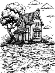 Floating homes withstanding rising waters, vector illustration