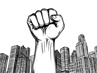 Fist raised against economic symbol, black vector graphic