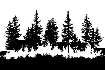 Forest engulfed in flames, black vector graphic