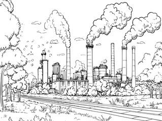 Forest giving way to factories, vector graphic