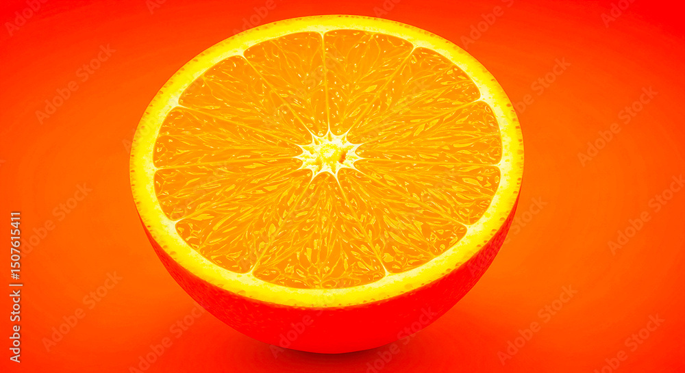 Aufkleber a halved orange fruit with visible segments and white center on a solid orange color background view