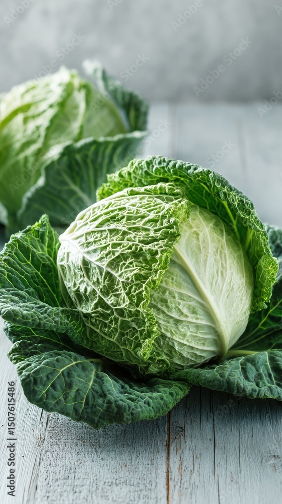Poster fresh cabbage on a wooden surface with a textured grey background
