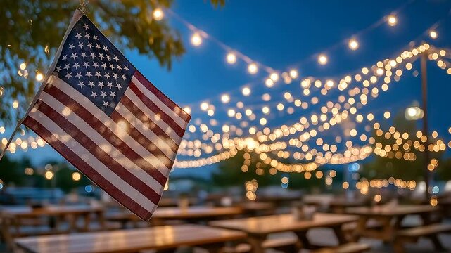 A serene twilight picnic adorned with string lights and an American flag backdrop.