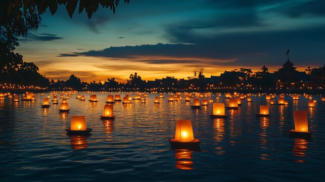 Many paper lanterns float on water at sunset.