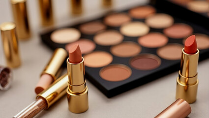 Beauty products displayed with lipsticks and eyeshadow palette on a neutral surface during a makeup session