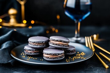 Elegant Black Macarons on a Plate With a Blue Drink Against a Dark Background