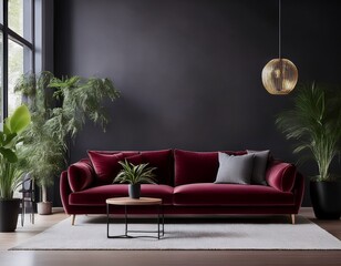Obraz premium Ein modernes Wohnzimmer mit weinroter Couch vor einer schwarzen Akzentwand