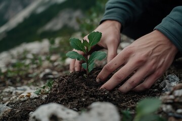 Hands Planting a Young Sapling in Soil on Rocky Terrain for Reforestation